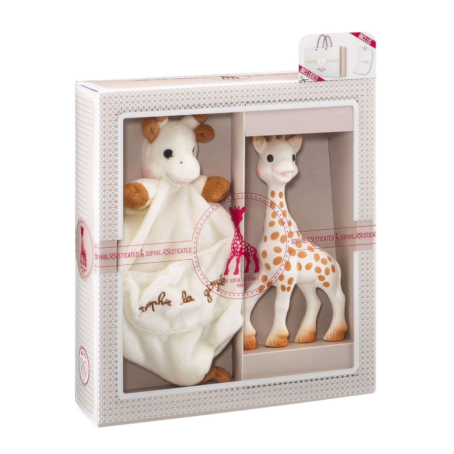 Set de regalo de cumpleaños Sophie la Jirafa Sonajero Sophiesticated Pouet 00012 Jucarii Bebe Naty Shop Unicolor Set de regalo de peluche y juguete para la dentición del bebé Sophie La Giraffe
