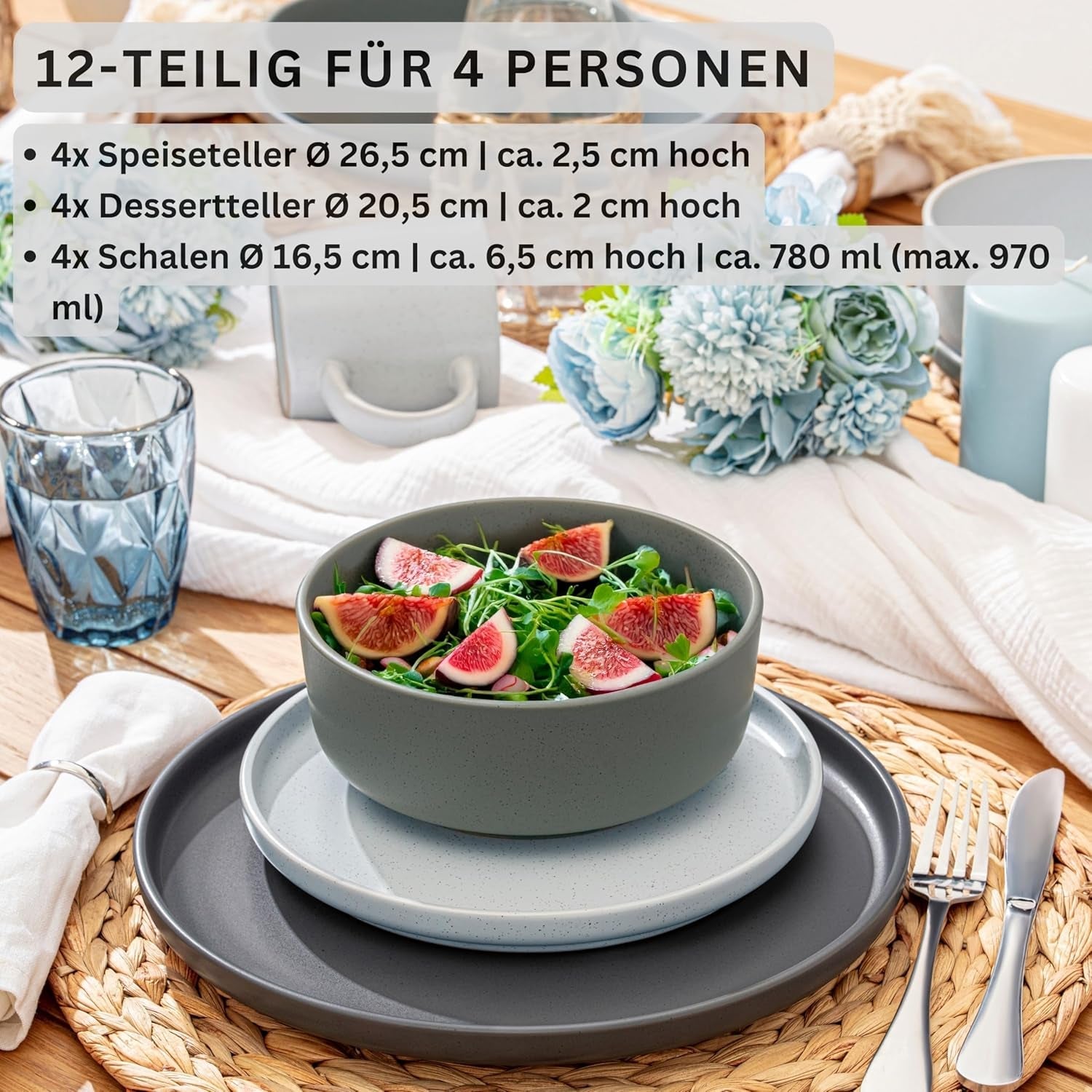SÄNGER Leeds | Juego de vajilla de gres de 12 piezas Juego de platos llanos para 4 personas (4 platos llanos, 4 platos de postre, 4 tazones), vajilla colorida resistente a los arañazos | LA COLECCIÓN DE VALOR