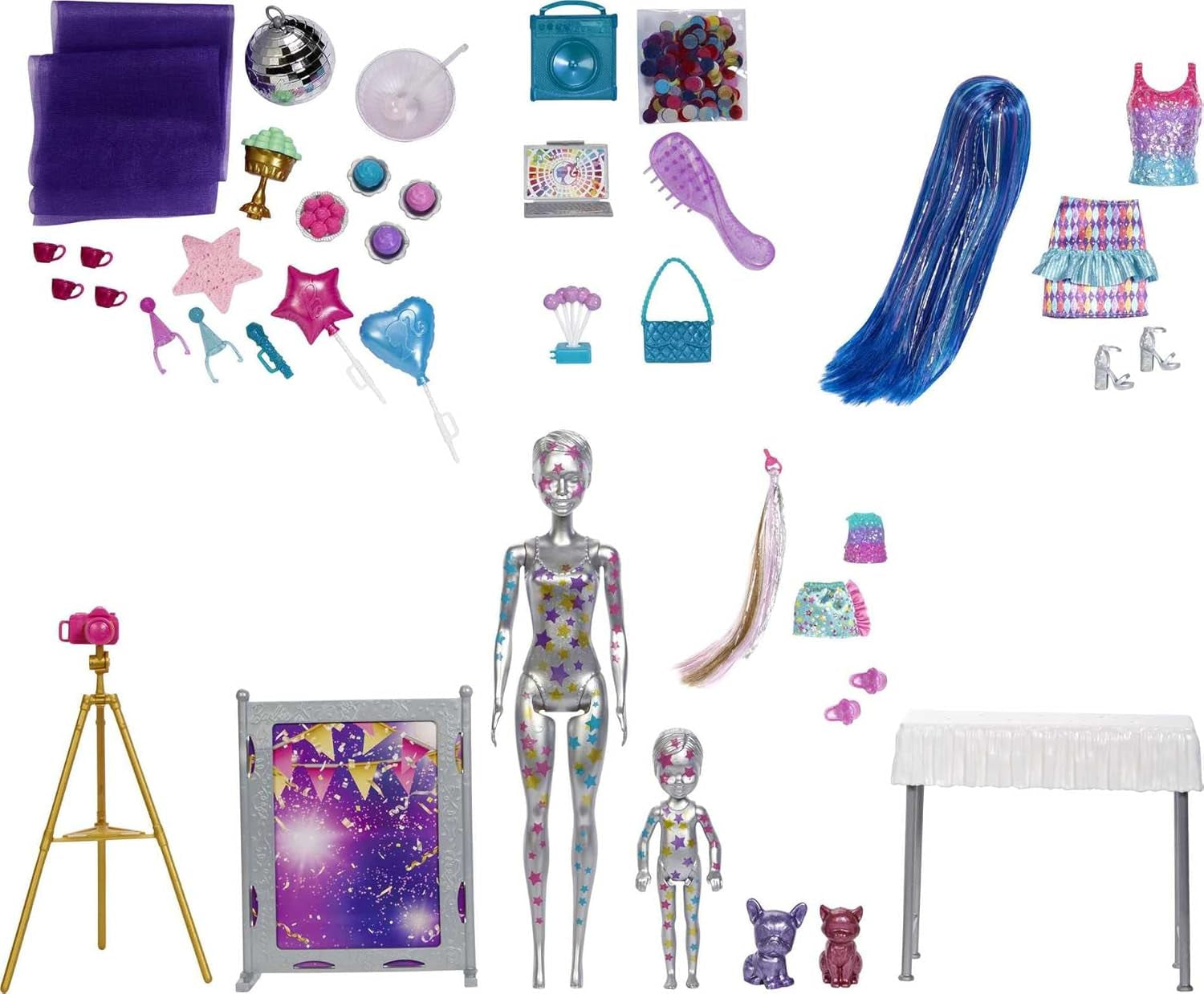 Barbie GXJ88 - Fiesta Sorpresa con Revelación de Color, +50 Sorpresas: 1 Muñeca, 1 Muñeca Chelsea, 2 Animales, 6 Cambios de Color, Accesorios y Más, Set de Fiesta de Baile, Juguete de Regalo para Niños de 3 años en adelante