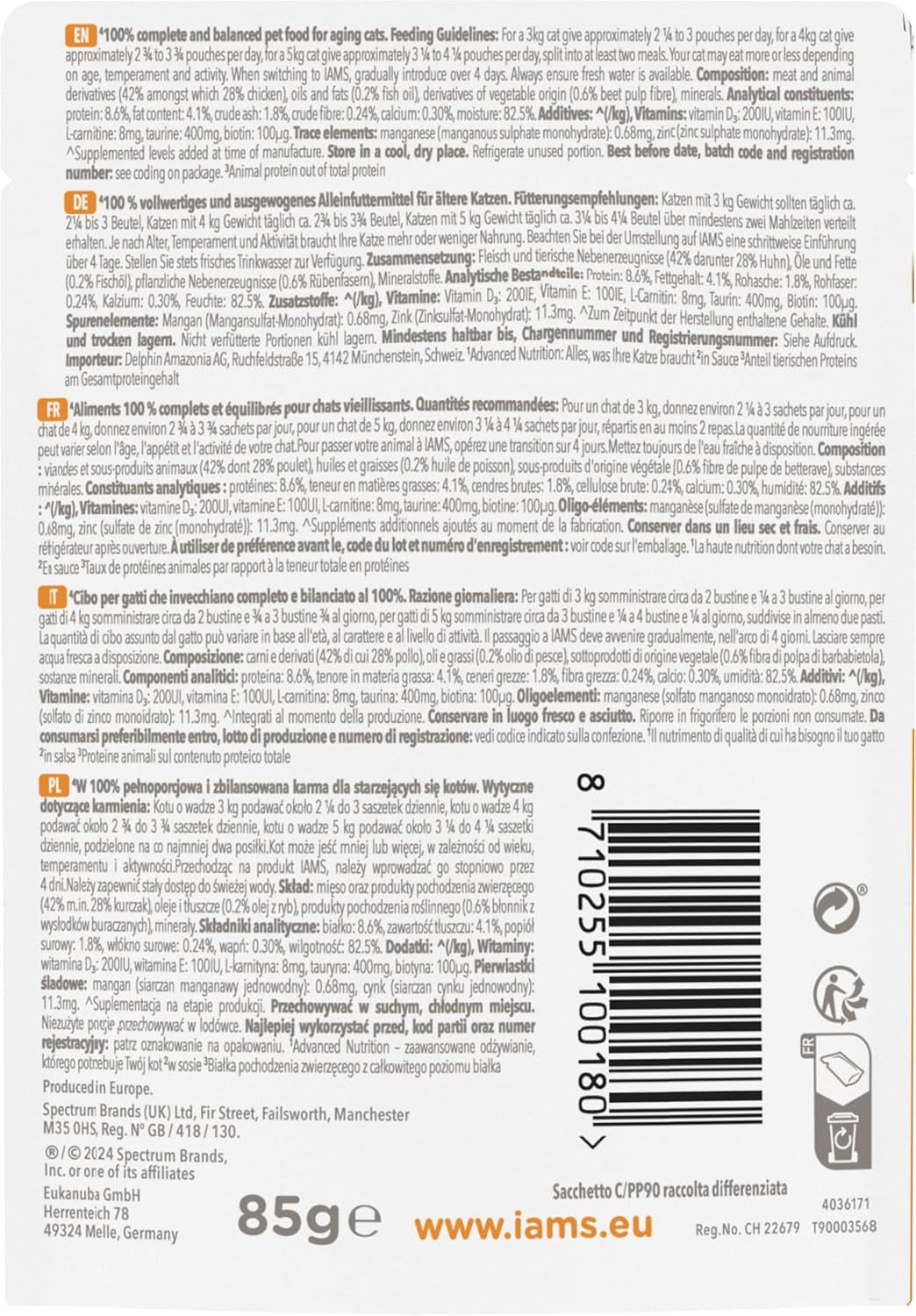 IAMS Delights Comida húmeda para gatos con pollo en salsa para gatos mayores de 7 años y más - Tamaño de prueba, bolsa individual, 1 x 85 g