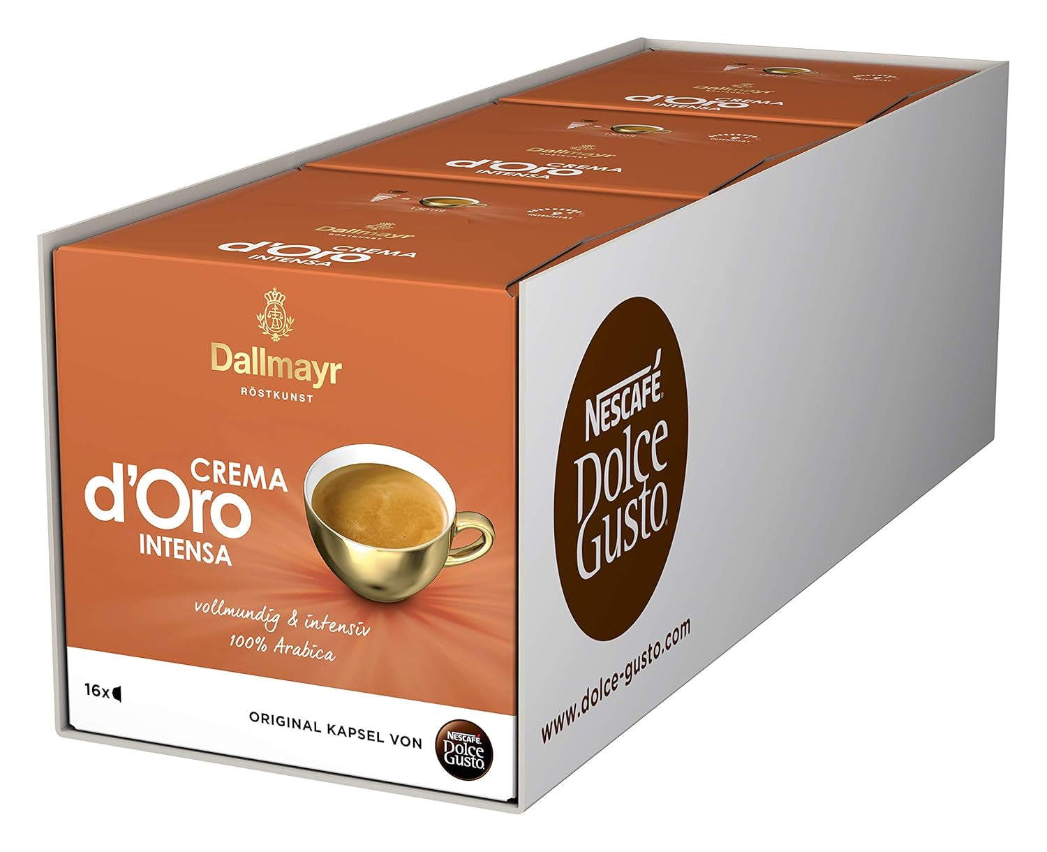Dallmayr Crema d´Oro, XXL-Vorratsbox & Dallmayr Crema d´Oro intensa (48 Kaffeekapseln, Intensität 9 von 12, 100% Arábica-Bohnen), paquete de 3 (3x16 Kapseln)