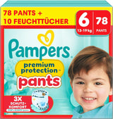 Pampers Premium Protection Pants Tamaño 6, 78 Windelns, 13kg-19kg, Mit 360° Fitform, 2x breiteren Bundchen als vorher für Comfort & Schutz + 10 Stück Pampers Aqua Baby-Weuchttücher enthalten