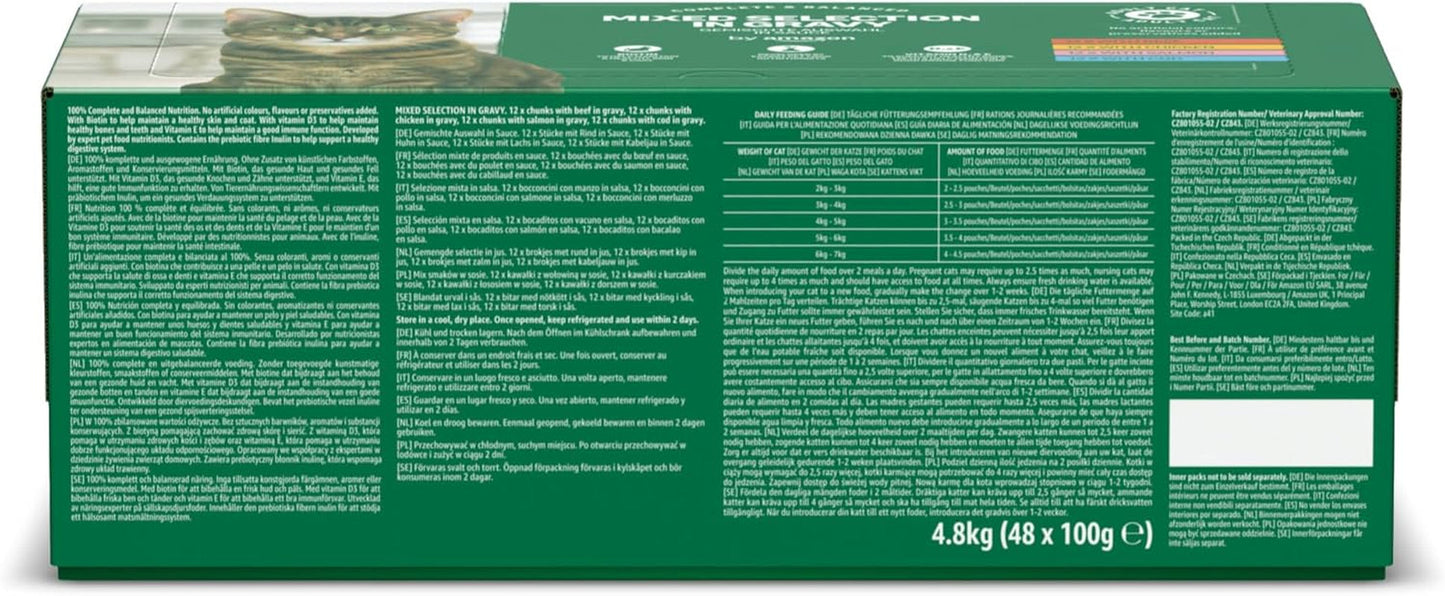 Amazon Comida Húmeda para Gatos Adultos Selección Mixta en Salsa 4,8kg (48 Paquetes x 100g)