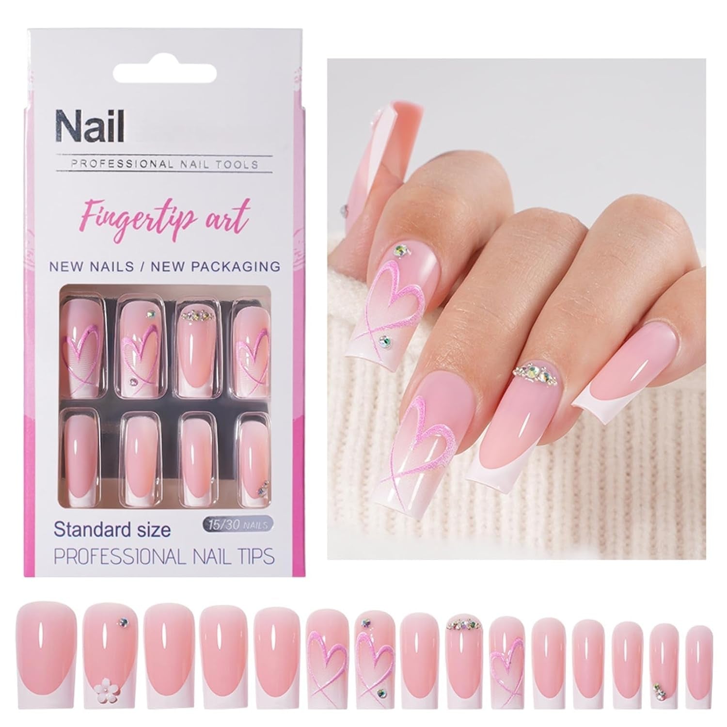 30 uñas postizas francesas – Pegamento en uñas artificiales – Uñas de gel suave para mujer – Uñas adhesivas acrílicas manicura cuadrada (rosa francés)