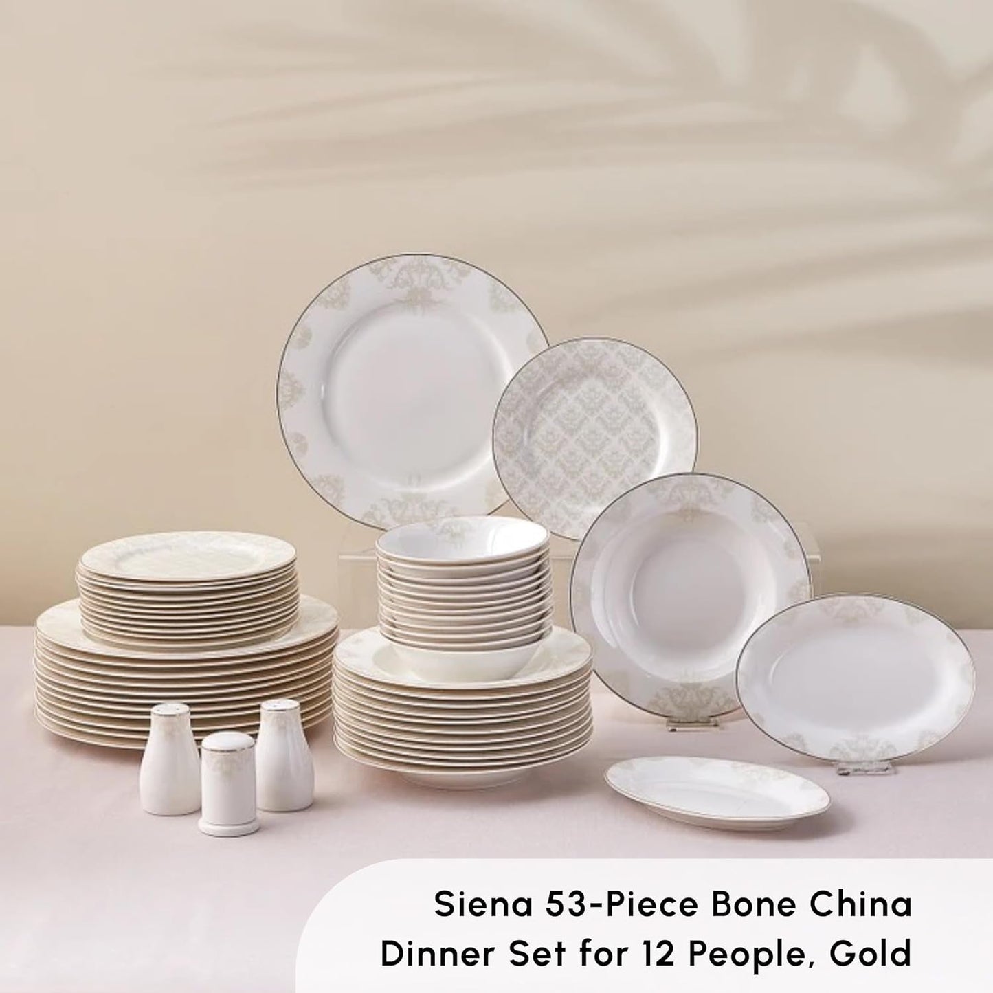 Karaca Elegance Bone Siena Vajilla para 12, Vajilla Moderna de Porcelana, Vajilla con Tazones de Sopa, Fuente para Servir, Platos Hondos, Platos de Postre - Blanco y Dorado