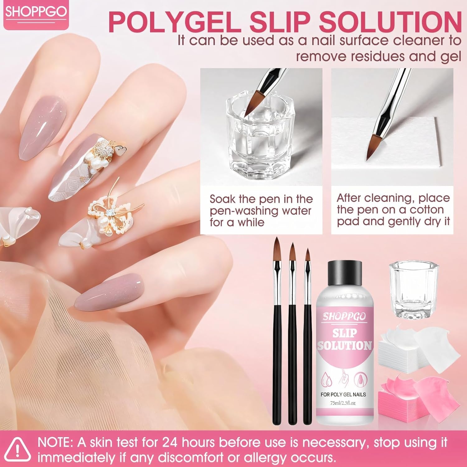 Solución alisadora Polygel, kit de solución antideslizante para uñas Polygel, solución alisadora de 75 ml, incluye 5 clips para puntas de uñas, 3 cepillos para uñas, 1 vaso de cristal, 100 hojas de limpieza