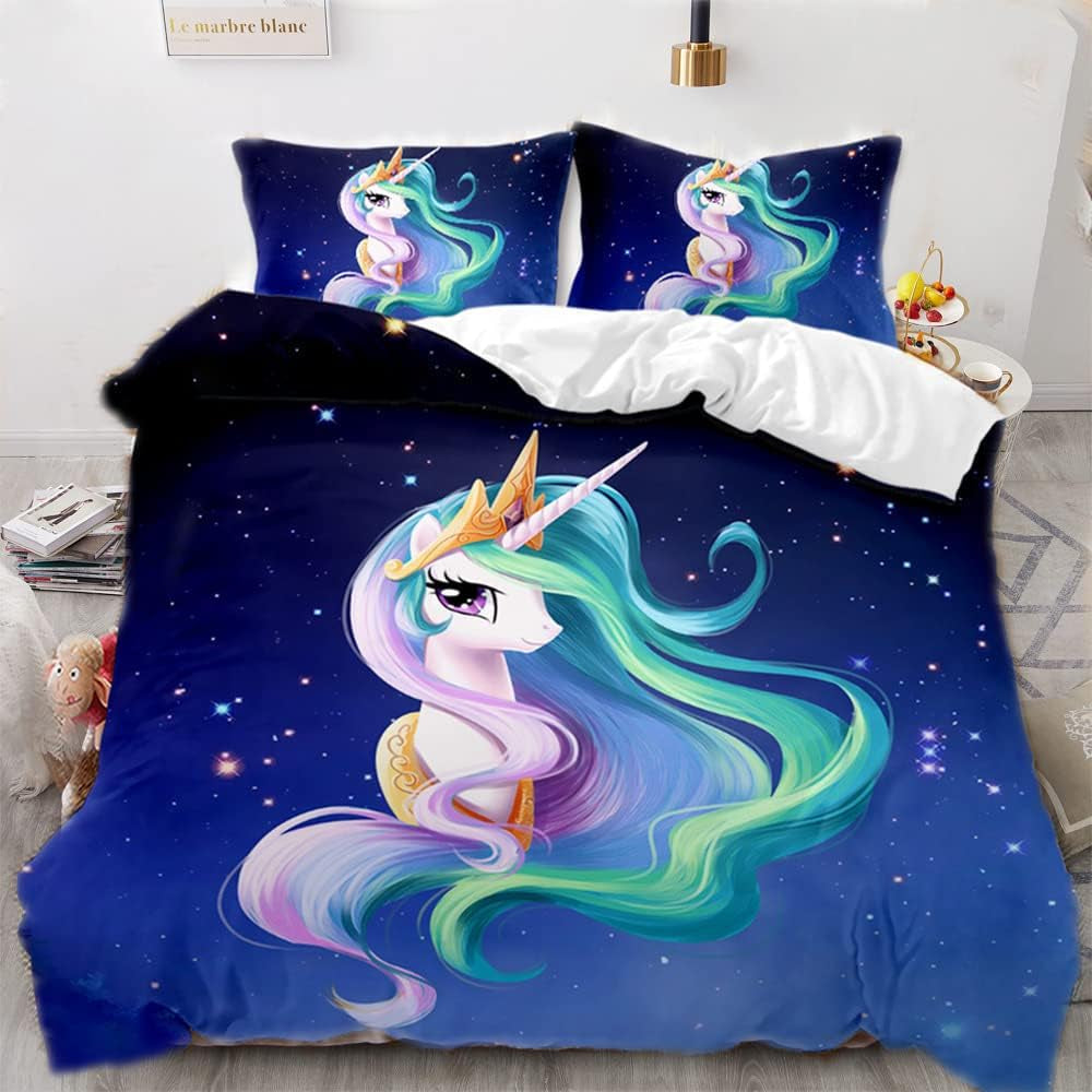 Ropa de cama para niña, Unicornio, 2 fundas de almohada Ropa de cama infantil Naty Shop Unicornio sobre fondo azul 220×240 Cm