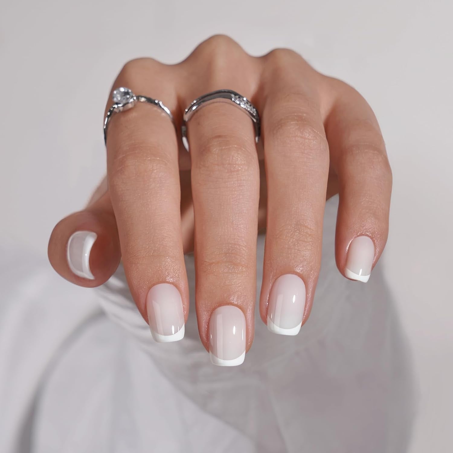 Btartbox Uñas Postizas Cuadradas Cortas Pegamento Baby Boomer En Uñas Postizas Rosa Degradado Blanco Uñas Artificiales Cortas con Pegamento para Uñas 30 Piezas Uñas Postizas Cuadradas