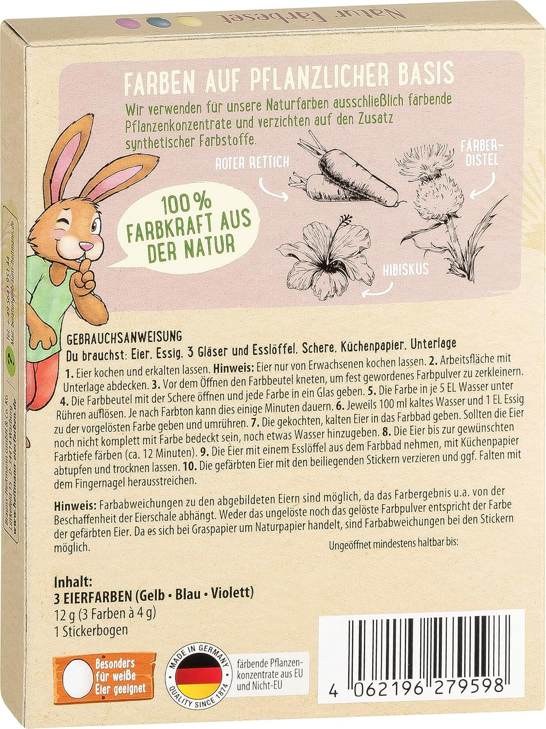 Heitmann Egg Dye Juego de tintes naturales, 3 tintes en polvo para huevos (amarillo, morado, gris azulado), hoja de pegatinas de papel de hierba