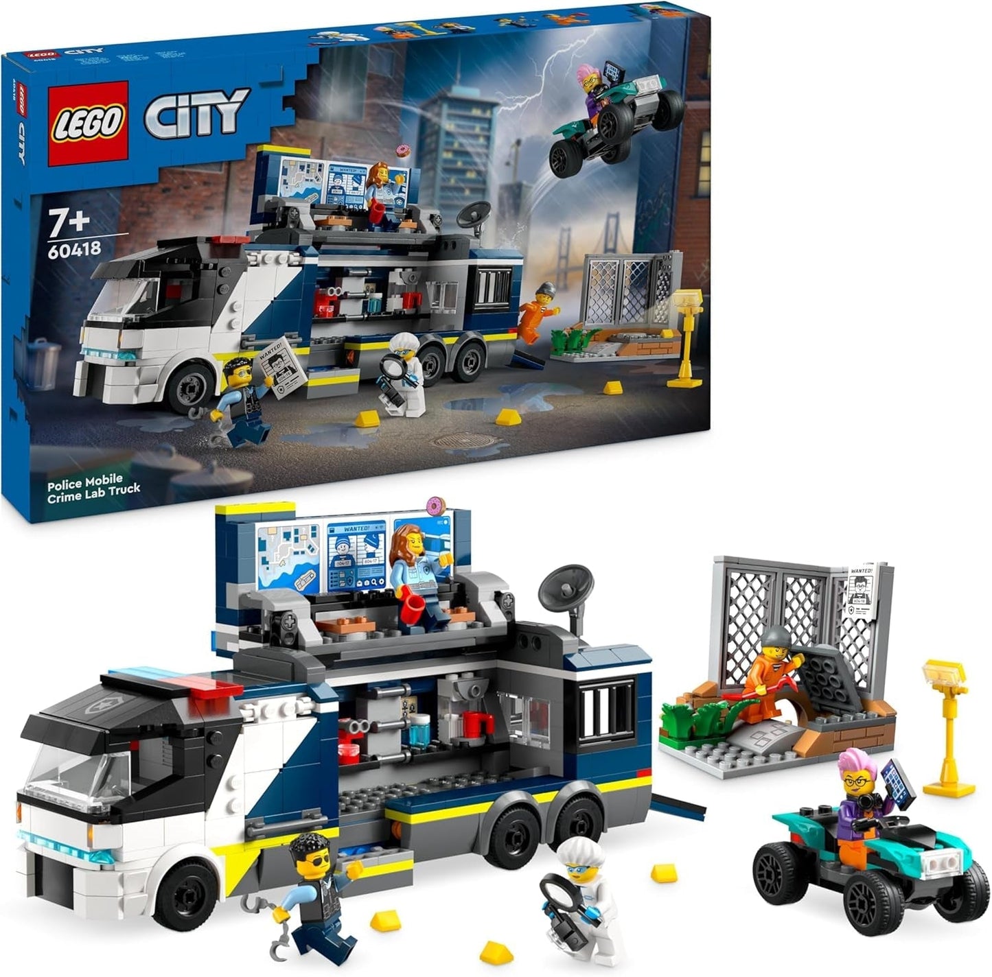 LEGO City Camión de policía con laboratorio, set de policía cuádruple y camión de juguete para niños, regalo para niños y niñas mayores de 7 años, además de 5 minifiguras: 2 policías, 1 científico y 2 ladrones 60418 Juegos de construcción Beuche den LEGO-Store Single