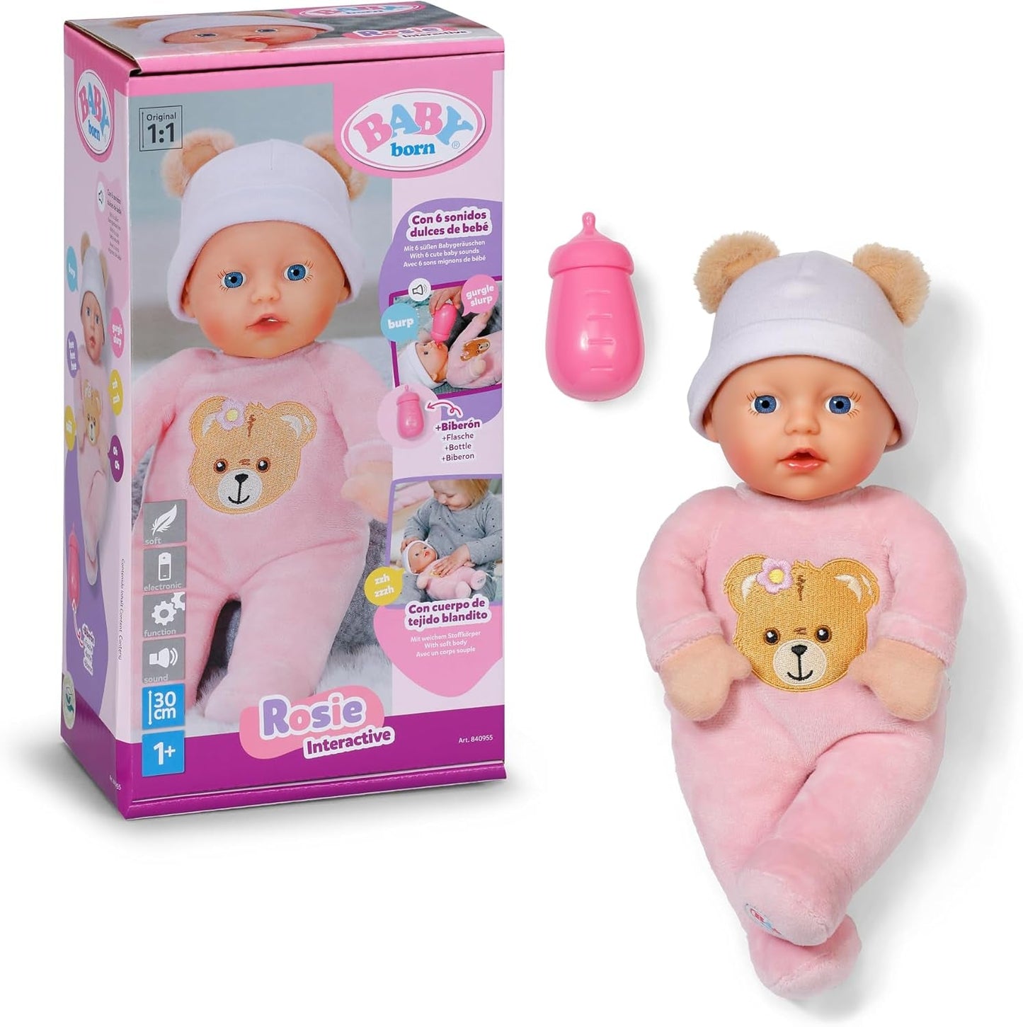 Baby Born Rosie muñeca blanda 30 cm con 6 sonidos y biberón, rosa