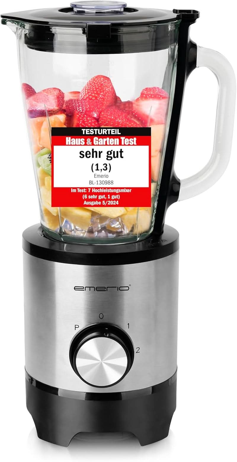 Emerio Batidora con base BPA Frei Crush Ice Función 1,5 L Behälter 2 Geschwindigkeiten + Pulse Function Messereinheit Aus Edelstahl Sicherheitsschalter Geschirrspülgeeignet 500 Watt BL-12816.8 Schwarz Bucatarie Naty Shop Silber