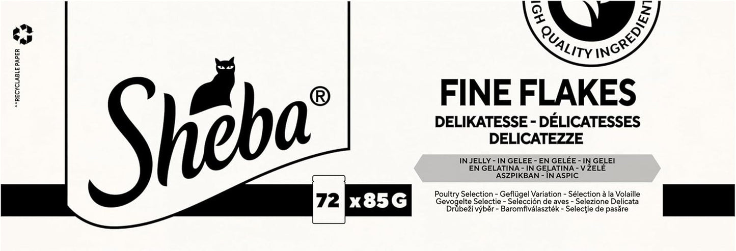 SHEBA Comida húmeda para gatos - 72 sobres x 85g - Variedad de ave en gelatina - Comida húmeda para gatos - 1 paquete grande