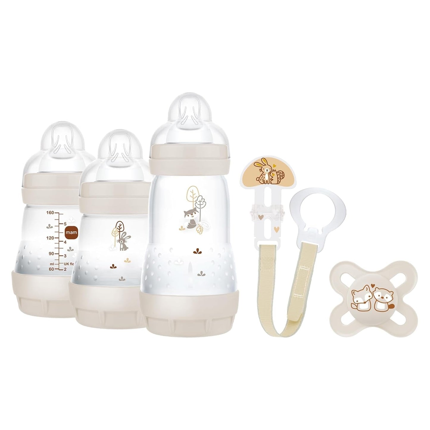 MAM Set Recién Nacido, Set de Regalo, compuesto por: 2 x Biberones anticólicos 160 ml, 1 x Biberón anticólicos 260 ml, 1 x Chupete Original Start, 1 x Broche para chupete, a partir de 0 meses, Neutro