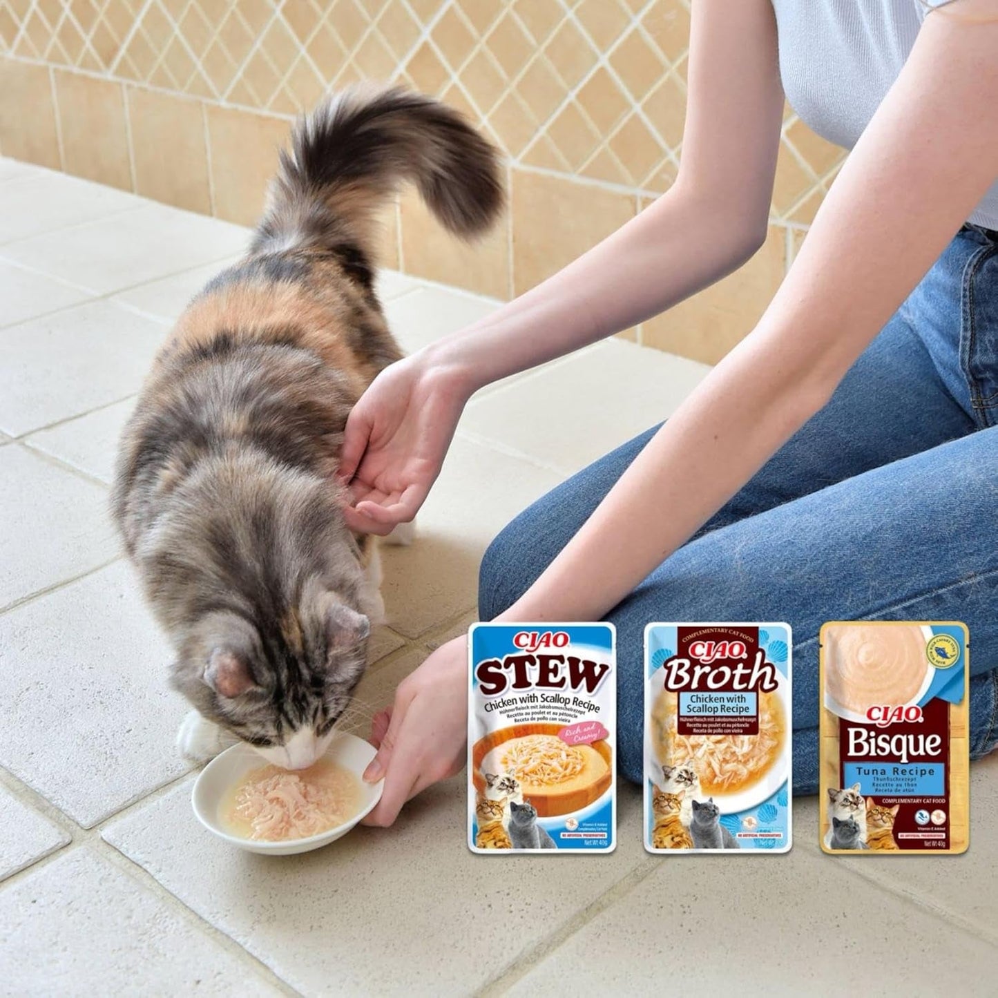INABA Ciao Caldo Comida húmeda para gatos 88% humedad y vitamina E, sopa premium para gatos con pollo 40g (pack de 12), carne 100% natural, sin cereales, sin azúcar