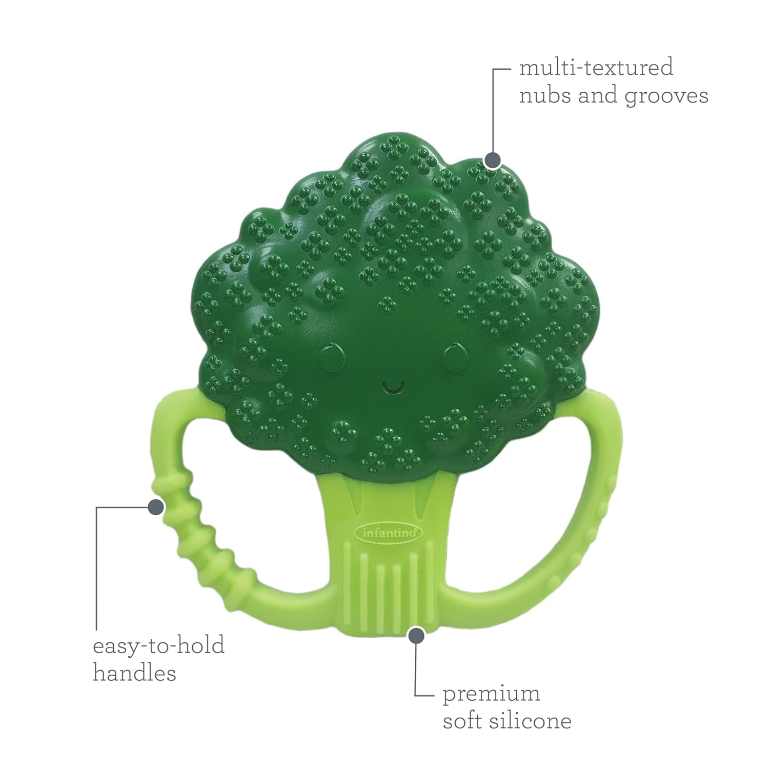 Infantino Lil' Nibbles, Mordedor de silicona texturizada, juguete mordedor para bebé sin BPA, suave, fácil de sostener, estimulación sensorial para bebés, brócoli