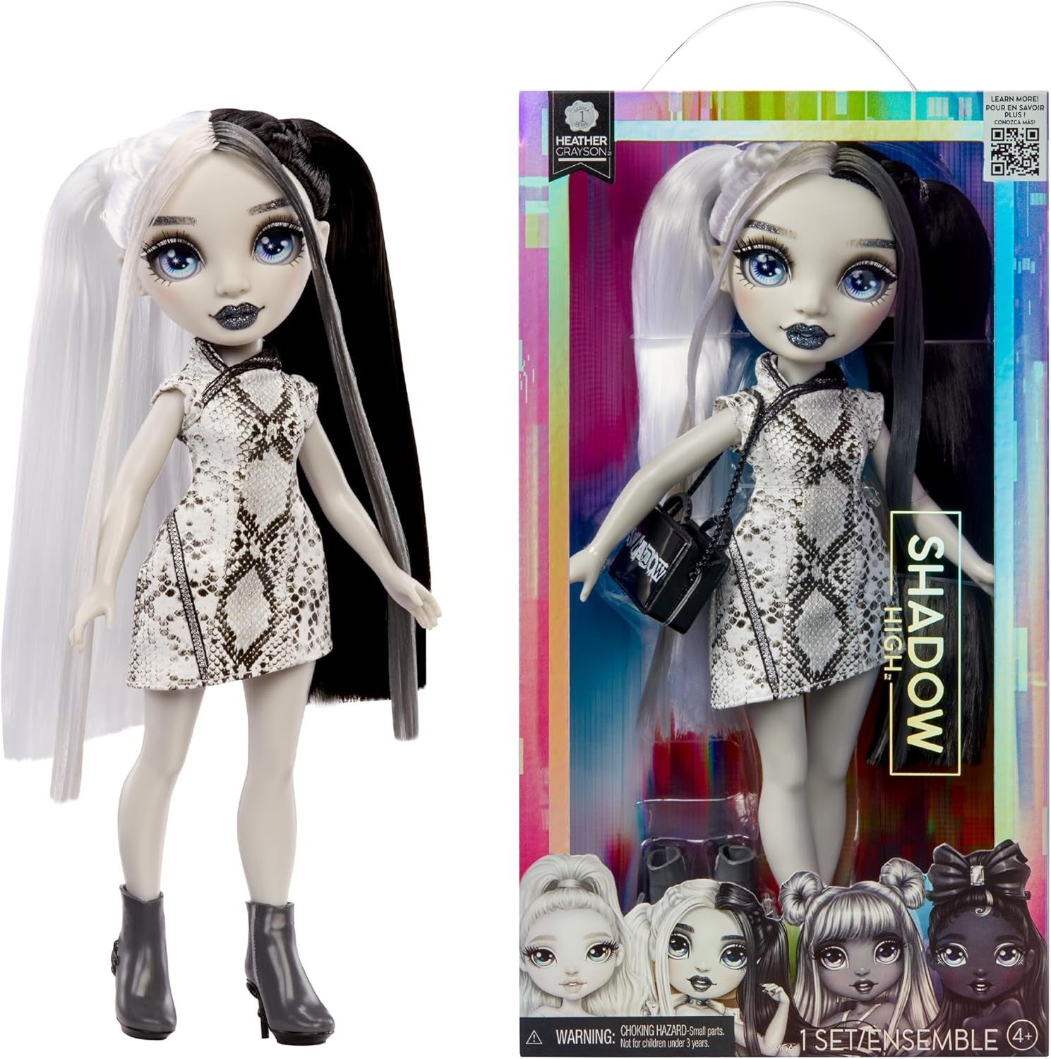 Muñeca Rainbow High Shadow High Heather Grayson - 28 cm en tonos grises, cabello y ropa en blanco y negro, bolso elegante, dulce regalo para niños de 4 a 10 años