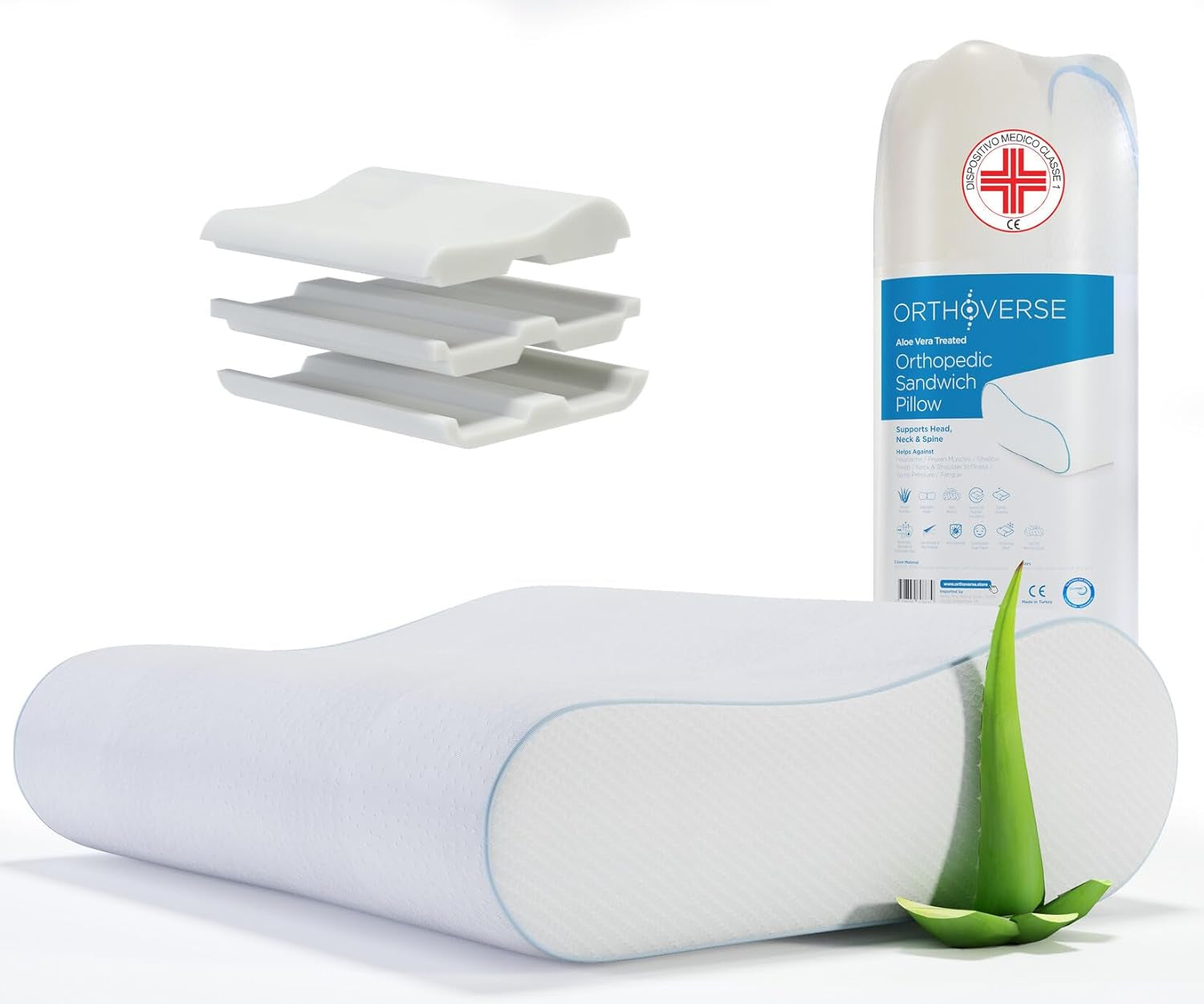 ORTHOVERSE almohada ortopédica - almohada de apoyo para el cuello, almohada para dormir, almohada, almohada viscoelástica, almohada, almohada para el dolor de cuello - ajustable en altura, funda de aloe vera, ayuda médica Almohadas ortopédicas cervicales Naty Shop 1
