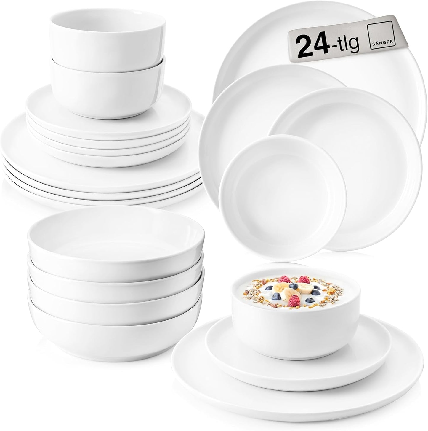 SANGER | Marlo Vajilla Blanca de 24 Piezas Vajilla para 6 con Platos de Postre, Platos Llanos, Cuencos y Cuencos de Cereal Juego de Platos Llanos de Porcelana Vajilla Diseño Moderno COLECCIÓN PREMIUM