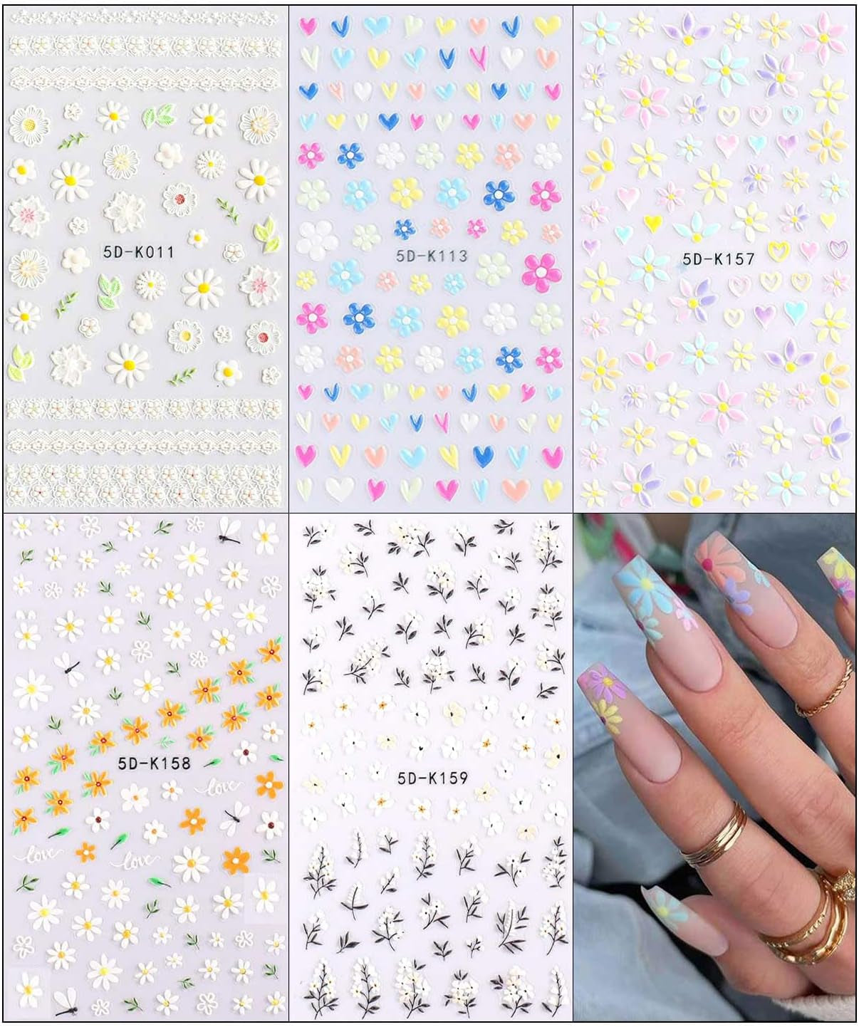 JMEOWIO 3D Nagelsticker Frühling Blumen 5 Blatt Nagelaufkleber 5D Stereoskopisch Selbstklebend Bunte Blüte Nail Art Sticker Decoración Nageldesign Zubehör