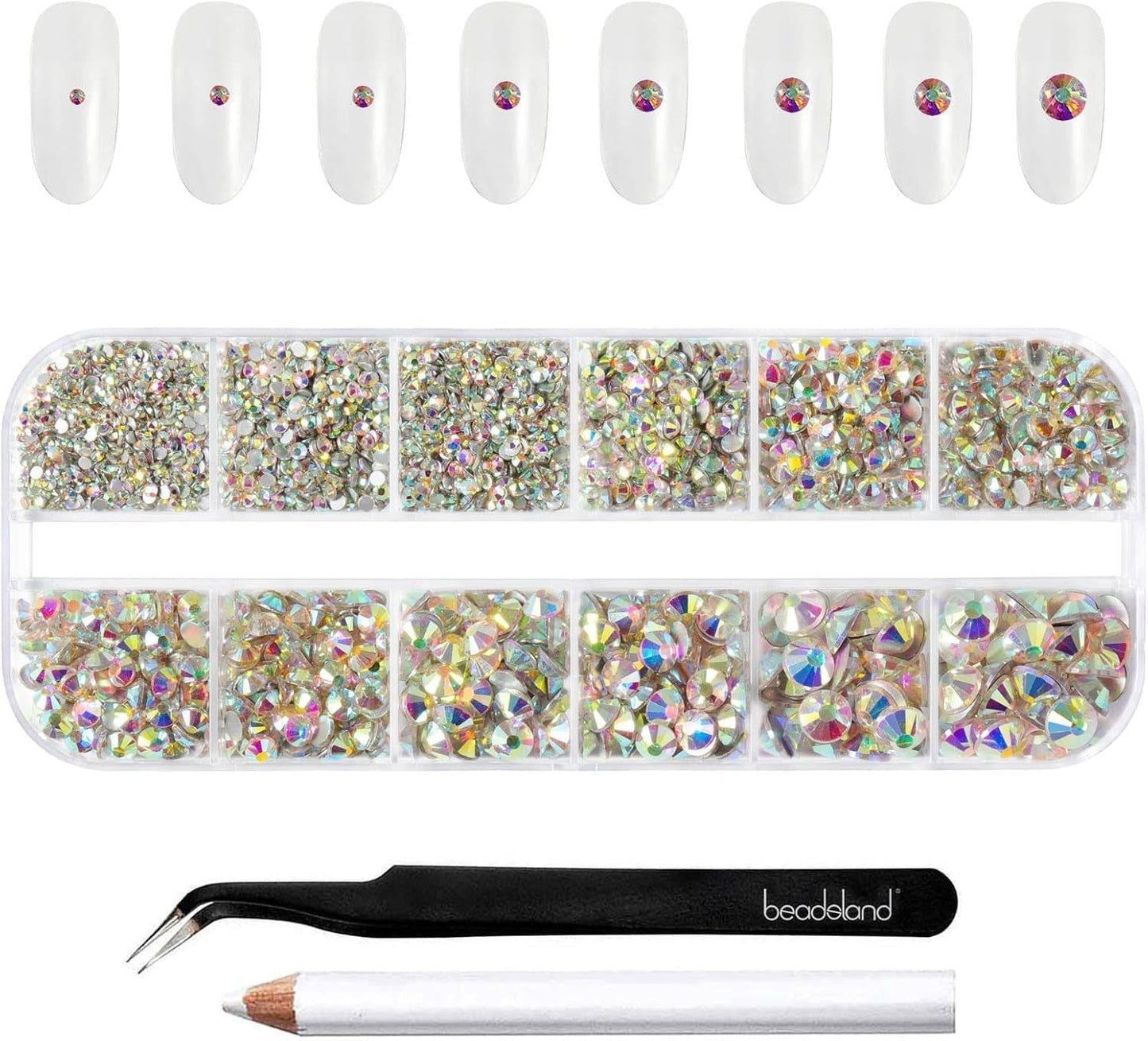 Beadsland 2500 piezas de piedras de cristal para decoración de uñas con parte trasera plana, piedras preciosas para trabajos manuales de 8 tamaños SS4 ~ SS30 con pinzas y puntas (Kristall Weiss)