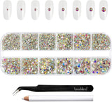Beadsland 2500 piezas de piedras de cristal para decoración de uñas con parte trasera plana, piedras preciosas para trabajos manuales de 8 tamaños SS4 ~ SS30 con pinzas y puntas (Kristall Weiss)