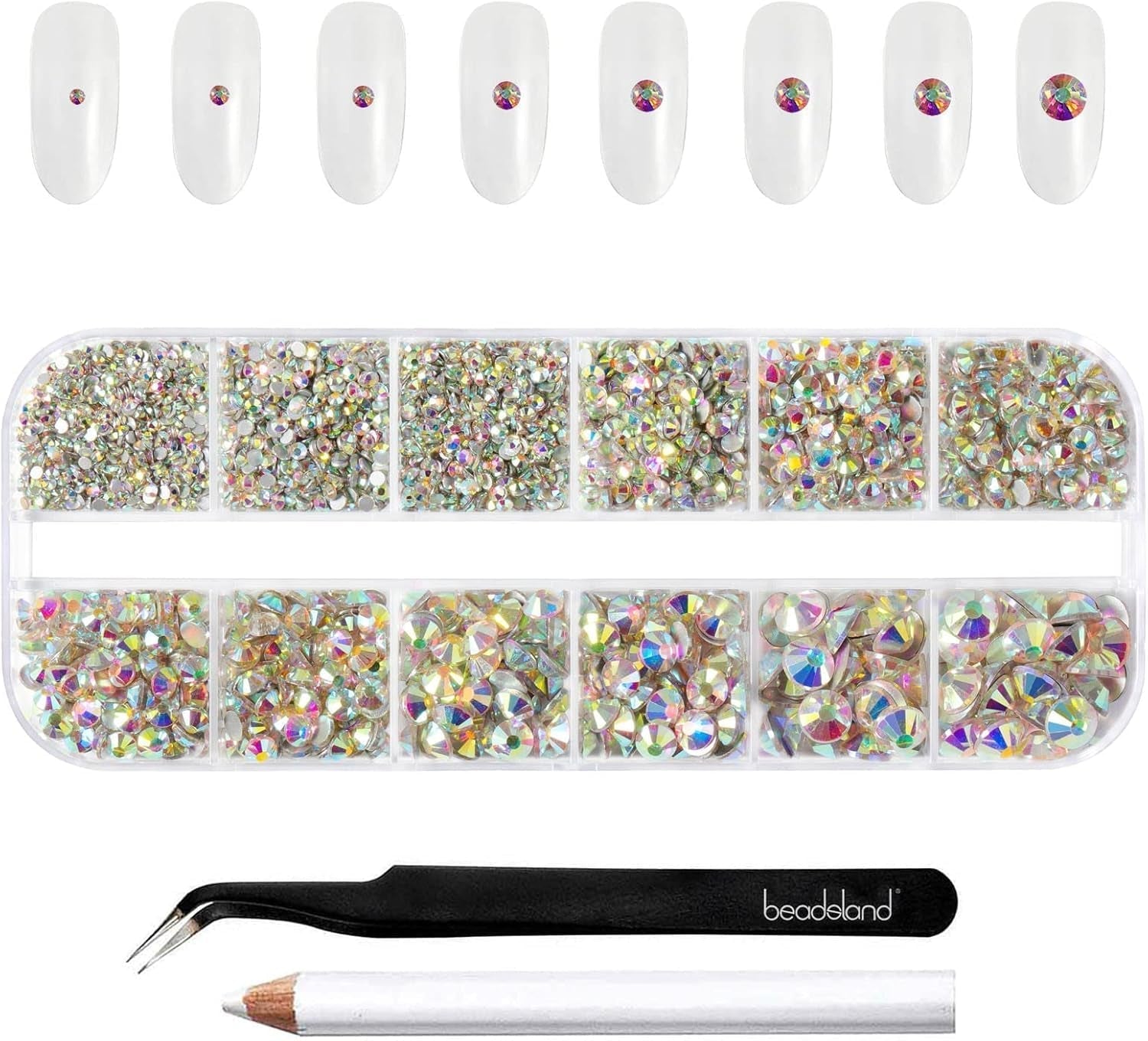 Beadsland 2500 piezas de piedras de cristal para decoración de uñas con parte trasera plana, piedras preciosas para trabajos manuales de 8 tamaños SS4 ~ SS30 con pinzas y puntas (Kristall Weiss)