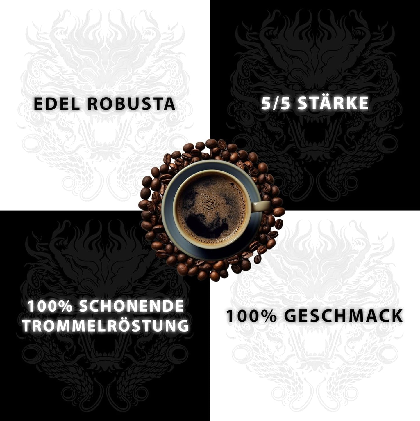 Black Dragon Espresso 100% Robusta - Café en grano tostado extra fuerte - Café muy fuerte y con mucho cuerpo y alto contenido en cafeína - Espresso muy fuerte
