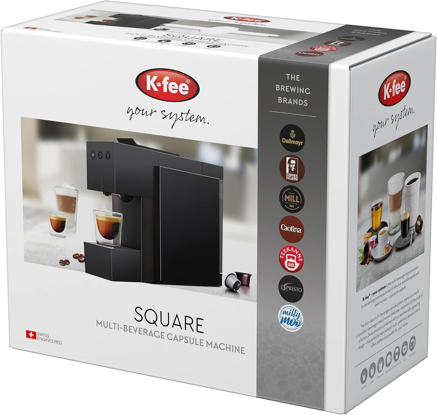 Cafetera espresso con cápsulas K-FEE SQUARE para café, té y cacao | Café expreso compacto | Calentamiento rápido | Depósito de agua de 0,8 litros | 19 barras | negro piano