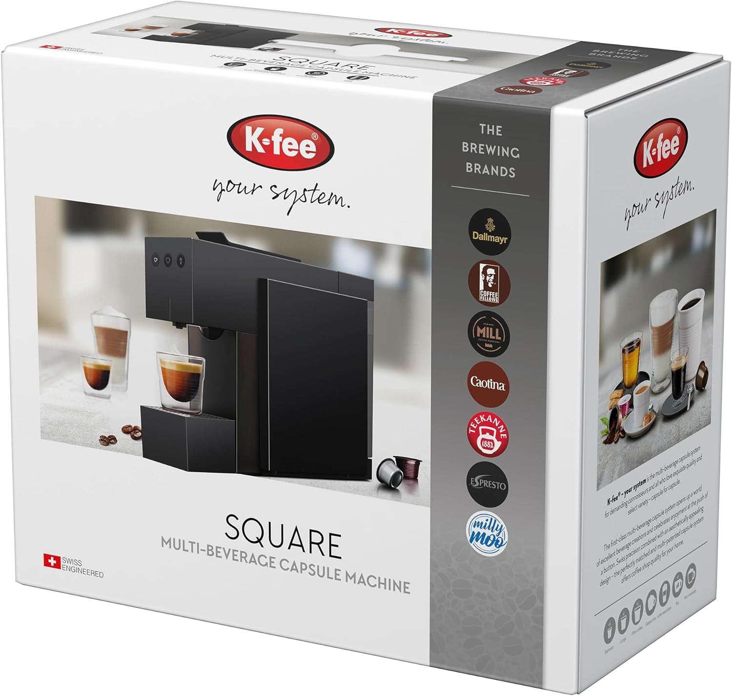Cafetera espresso con cápsulas K-FEE SQUARE para café, té y cacao | Café expreso compacto | Calentamiento rápido | Depósito de agua de 0,8 litros | 19 barras | negro piano
