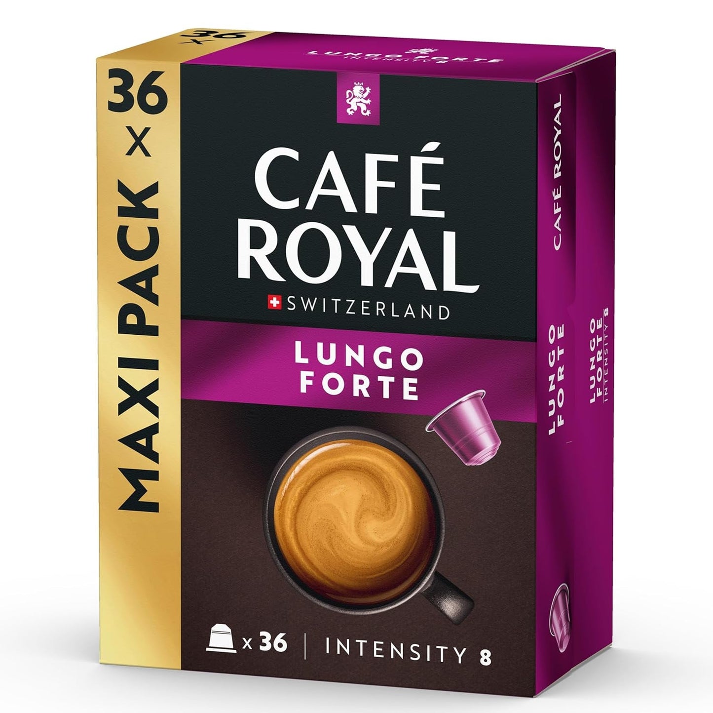 Café Royal Lungo Forte – Cápsulas de café compatibles con Nespresso®, 100% Arábica, würzig, dunkle Röstung, Intensität 8/12, Rainforest Alliance, 36 cápsulas