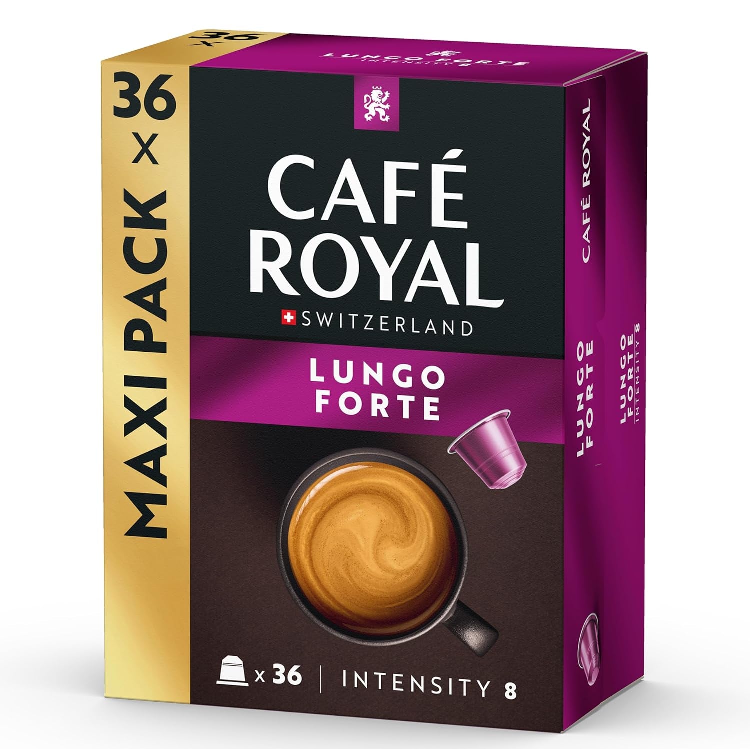 Café Royal Lungo Forte – Cápsulas de café compatibles con Nespresso®, 100% Arábica, würzig, dunkle Röstung, Intensität 8/12, Rainforest Alliance, 36 cápsulas