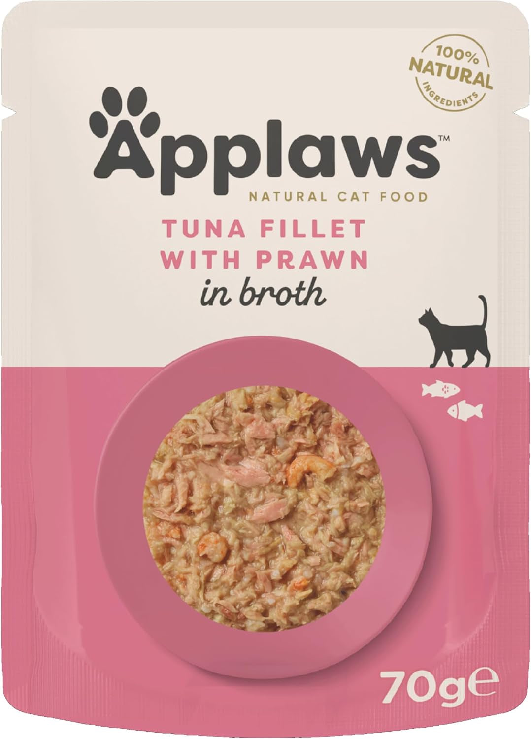 Applaws Comida húmeda natural premium para gatos, filetes de atún con camarones del Pacífico en sopa, sobres de porciones de 70 g (12 x 70 g)