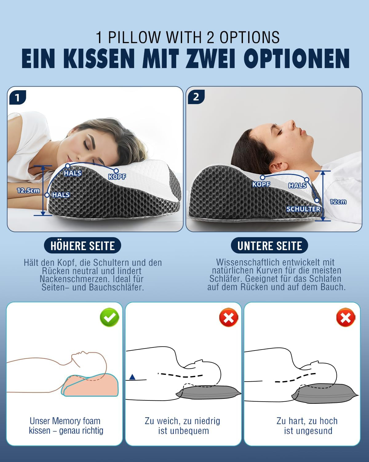 Almohada Cervical Almohada Ortopédica para Dolor de Cuello Almohada Viscoelástica Almohada Ergonómica para un Soporte Óptimo Almohada de Soporte Cervical para Soportes Laterales de Espalda y Abdominales Almohadas Ortopédicas Cervicales Naty Shop