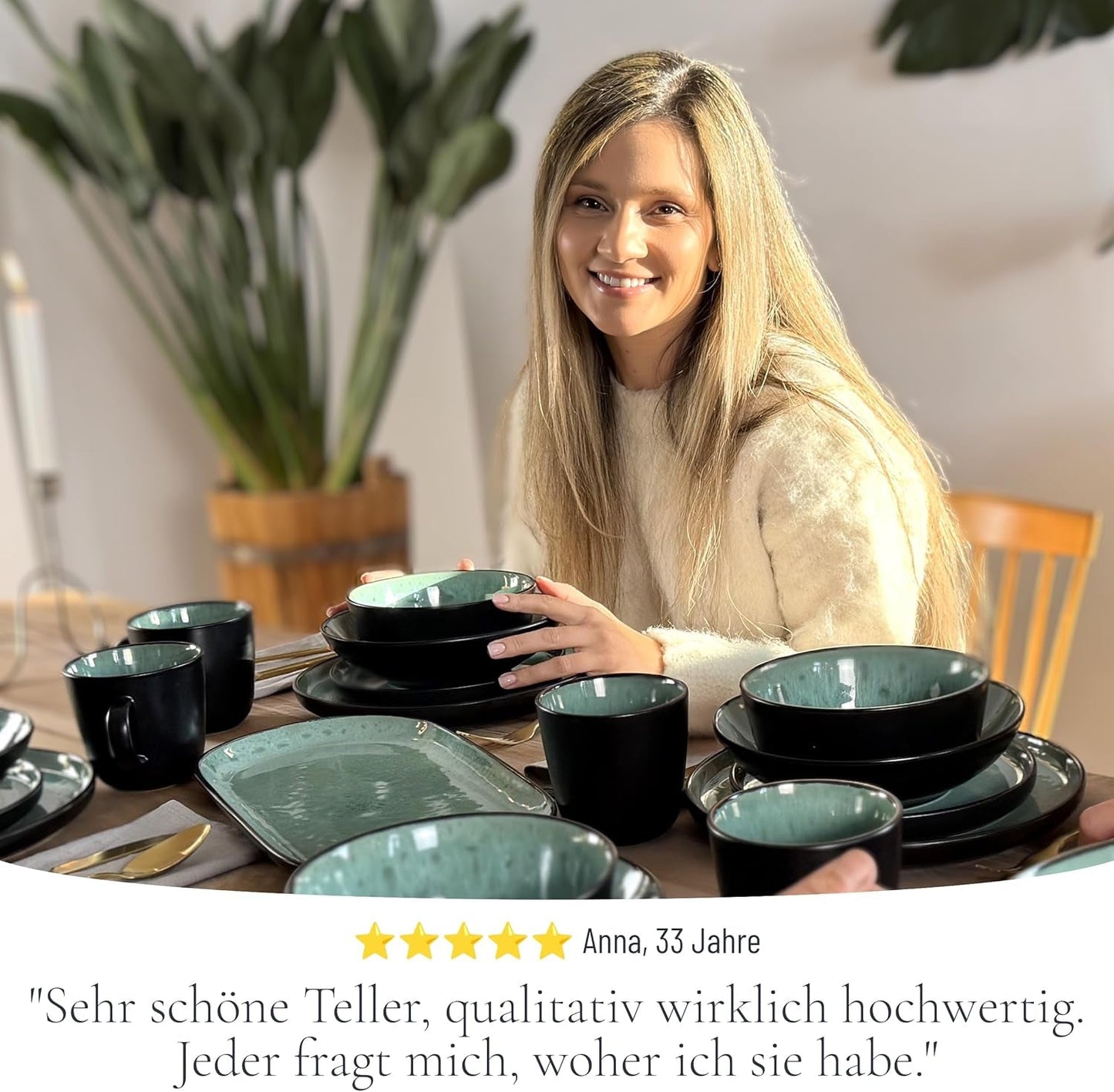 Vajilla para 6 personas de gres cerámico de 24 piezas, diseño Ibiza, GANADOR DE LA PRUEBA. Un precioso juego de vajilla mediterránea que incluye cuencos y platos. Juego de vajilla Pure Living, verde salvia.