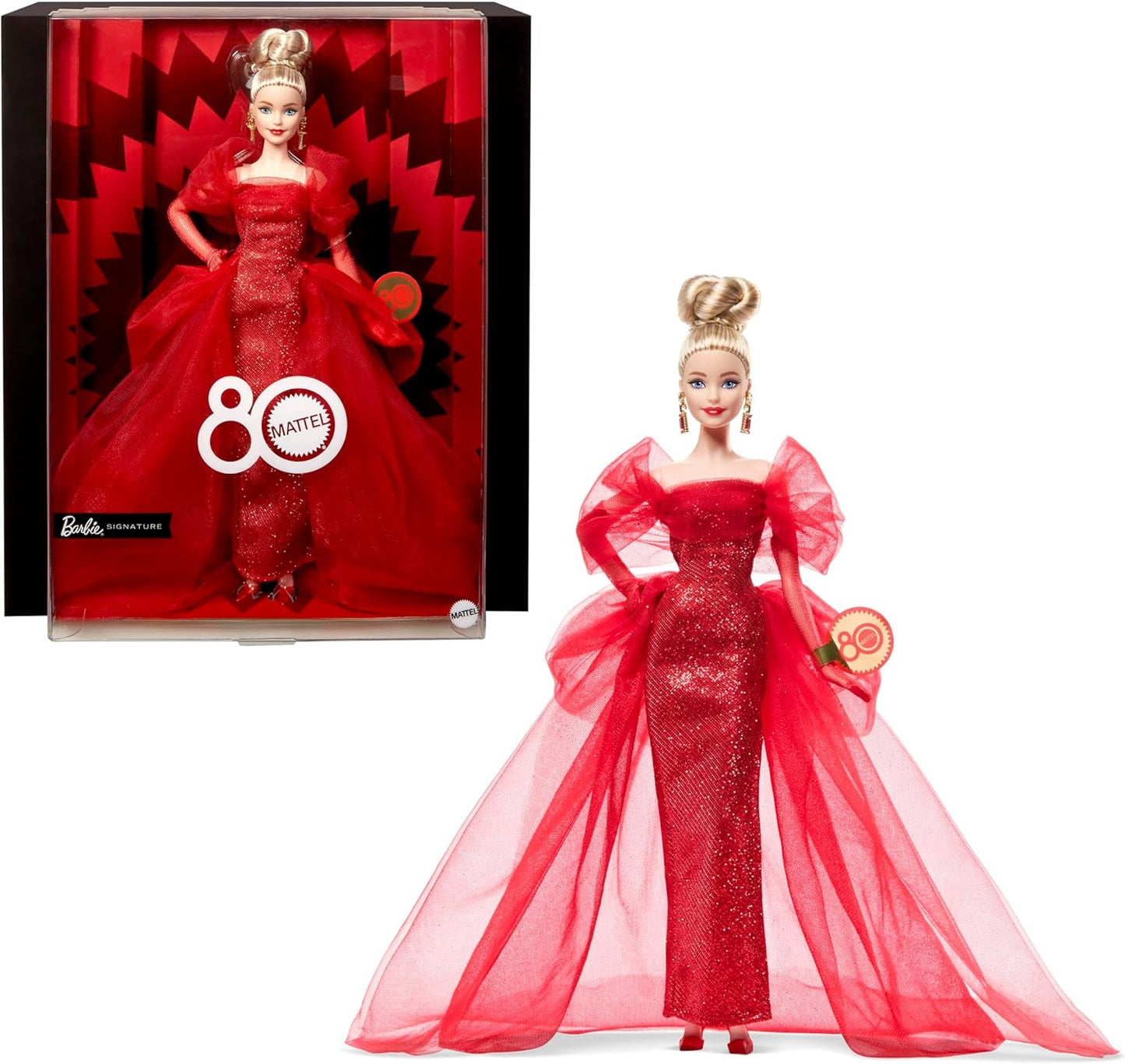 Barbie Signature Doll Figura coleccionable Mattel del 80 aniversario con vestido de tul rojo brillante con aretes de lágrima y guantes delicados Cabello rubio JBJ17
