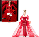 Barbie Signature Doll Figura coleccionable Mattel del 80 aniversario con vestido de tul rojo brillante con aretes de lágrima y guantes delicados Cabello rubio JBJ17