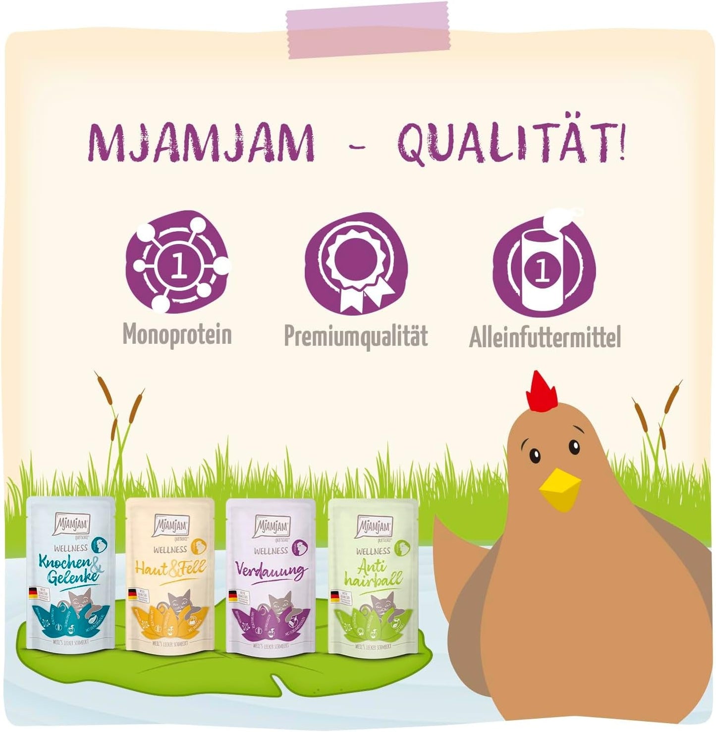 MjAMjAM - Comida húmeda premium para gatos - Paquete de bienestar con pollo, paquete de 12 (12 x 125 g) sin cereales con carne extra