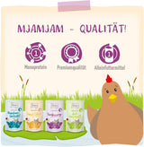 MjAMjAM - Comida húmeda premium para gatos - Paquete de bienestar con pollo, paquete de 12 (12 x 125 g) sin cereales con carne extra