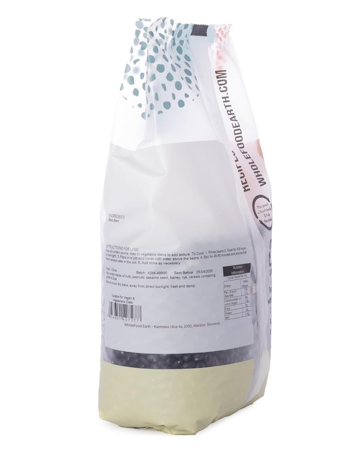 Frijoles negros Wholefood Earth 1 kg sin OGM Natural alto en fibra alto en proteínas