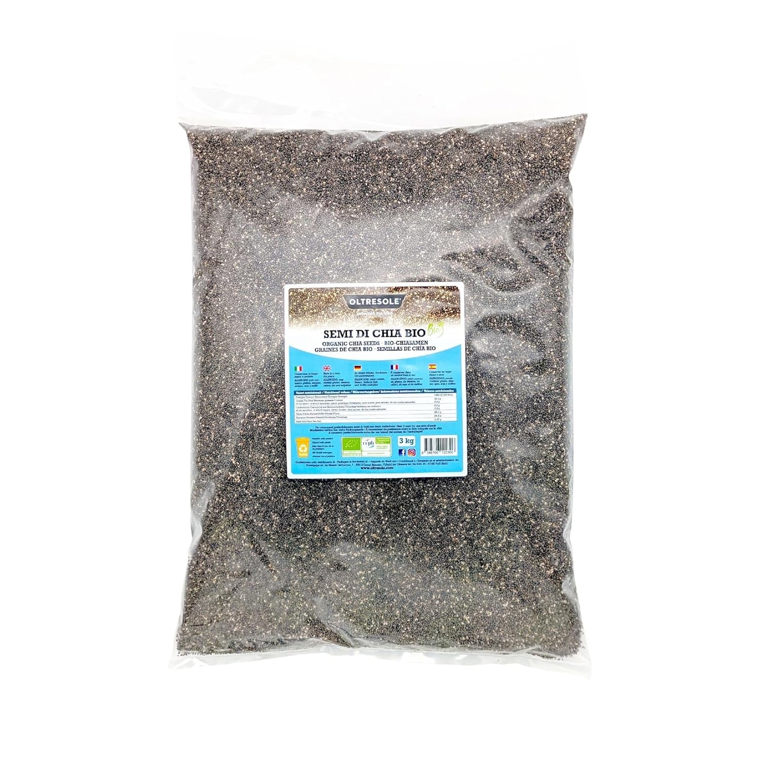 - Semillas de chía ecológicas 3 kg - Semillas oleaginosas crudas ecológicas, fuente de proteínas y fibra, naturalmente sin gluten, ideales para ensaladas o repostería enriquecida, envase práctico
