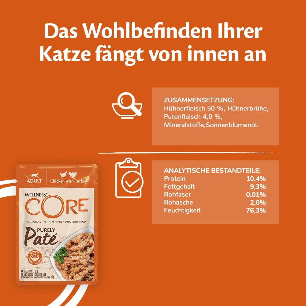 Wellness CORE Purely Paté 24 x 85g, Pollo y Pavo - Comida húmeda para gatos, paté fino, sin cereales, natural, hipoalergénico, alto en proteínas, alto en carne