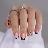 24 Uds. Uñas postizas con punta francesa cuadrada corta, diseño de corazón blanco, uñas acrílicas negras, cubierta completa