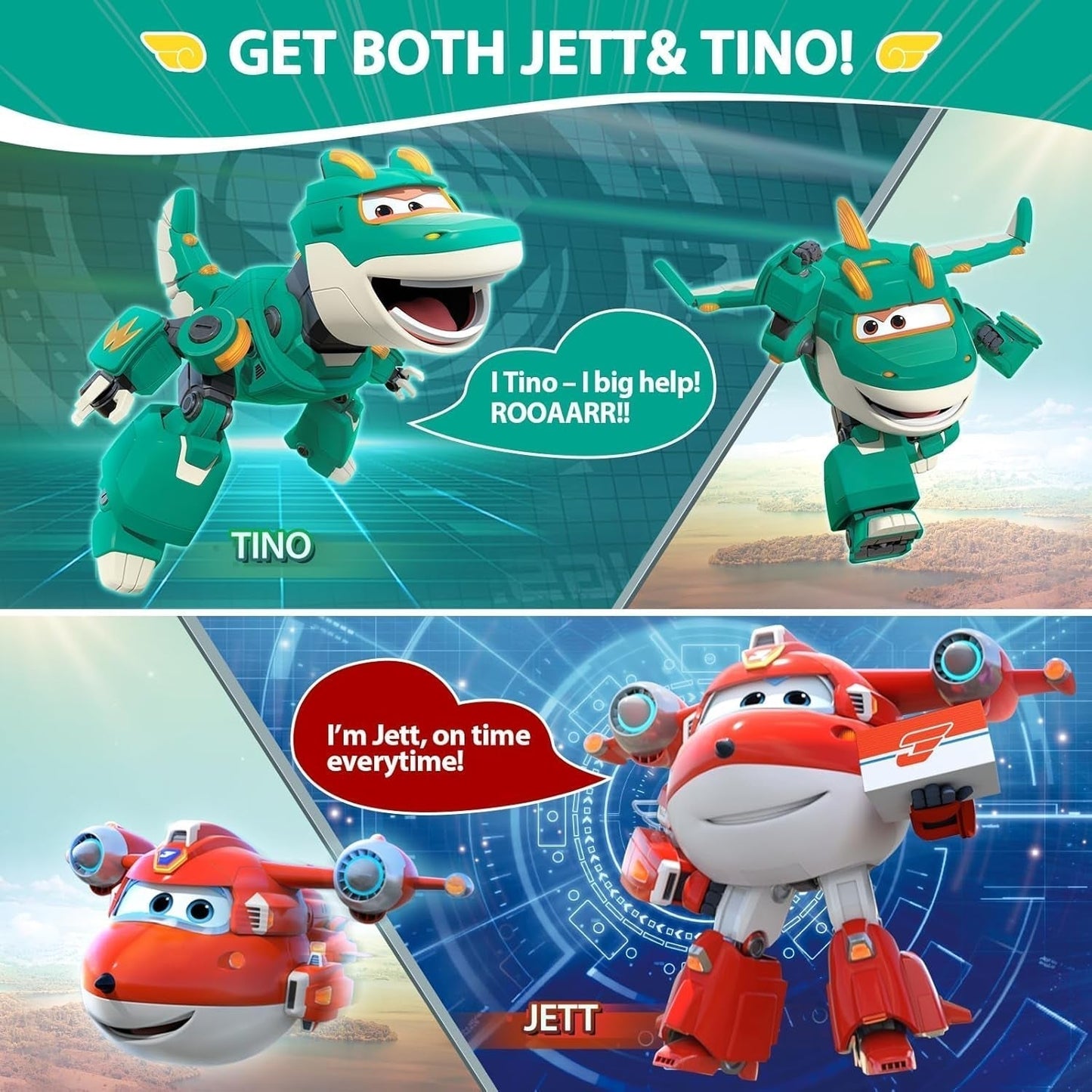 Super Wings Personajes transformadores de 5" Paquete de 2 Jett transformador supercargado + Tino Juguete transformador para niños y niñas a partir de 3 años Figuras de acción rojas Naty Shop