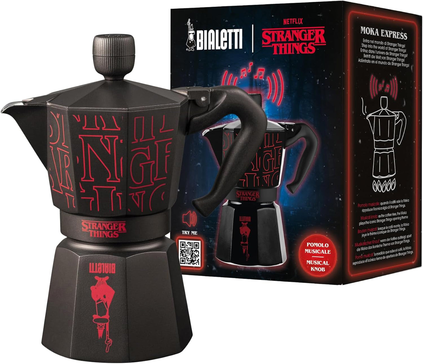 Bialetti Moka Express Stranger Things Cafetera de 6 tazas, botón musical con función de carga USB-C, no apta para placas de inducción, 6 tazas (270 ml), negra