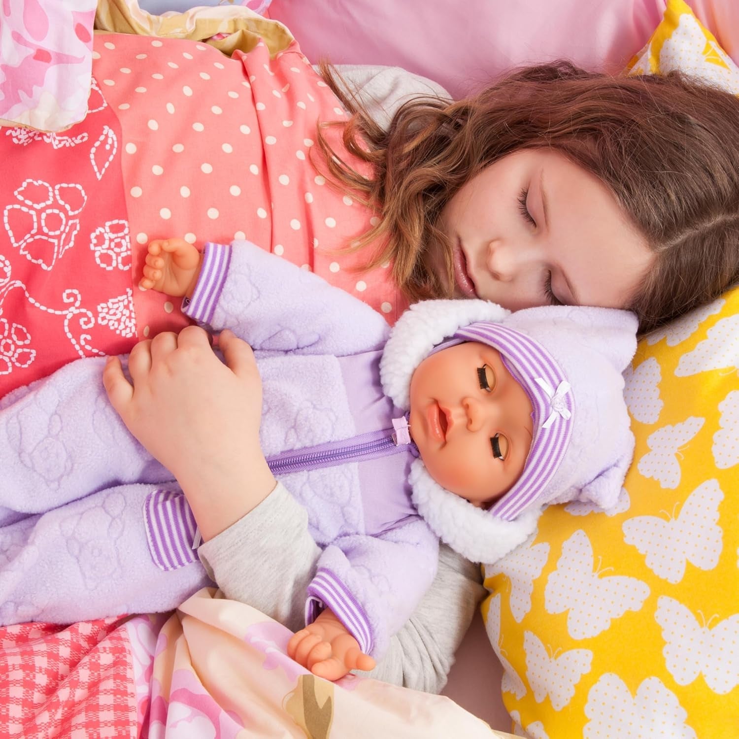 Bayer Design 94694AG 94694AA, Muñeca Funcional, Muñeca Interactiva Piccolina Magic Eyes, Mueve la Boca, Parpadea y Cierra los Ojos, Habla, Morado, 46cm