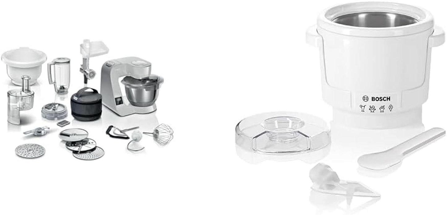 Bosch Serie 4 MUM5X720 Robot de cocina, báscula integrada, bol de acero inoxidable 3,9L, batidora 1,25L, 1000W Accesorios Alimentación y Lactancia Paquete Tienda Bebe Naty con fabricador de hielo Gris Plata 6 accesorios