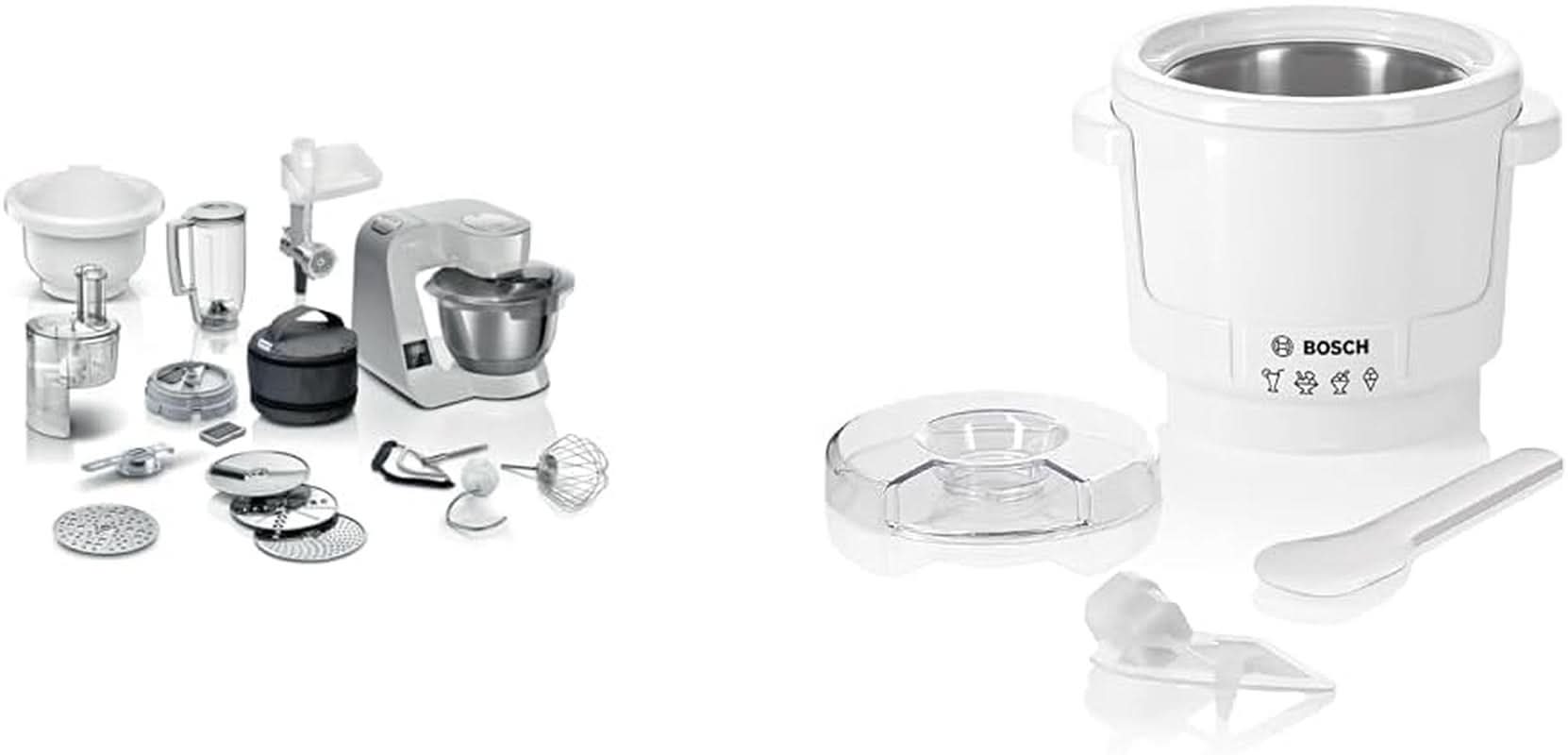 Bosch Serie 4 MUM5X720 Robot de cocina, báscula integrada, bol de acero inoxidable 3,9L, batidora 1,25L, 1000W Accesorios Alimentación y Lactancia Paquete Tienda Bebe Naty con fabricador de hielo Gris Plata 6 accesorios
