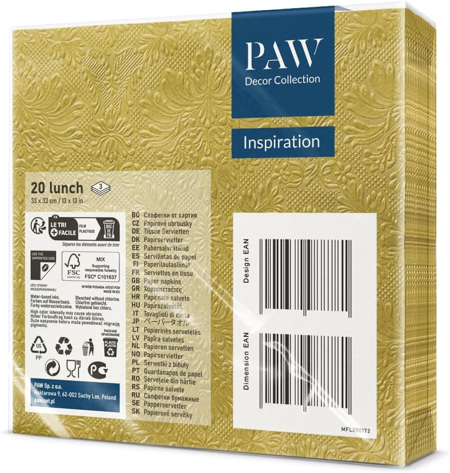 PAW - Servilletas 3 Capas (33 X 33 Cm) I 20 Piezas I Perfectas para Cumpleaños, Fiestas, Bodas, Comuniones y Festivos I Servilletas de Papel de Colores - Ocasiones Especiales, Adornos I Inspiración Clásica (Oro)