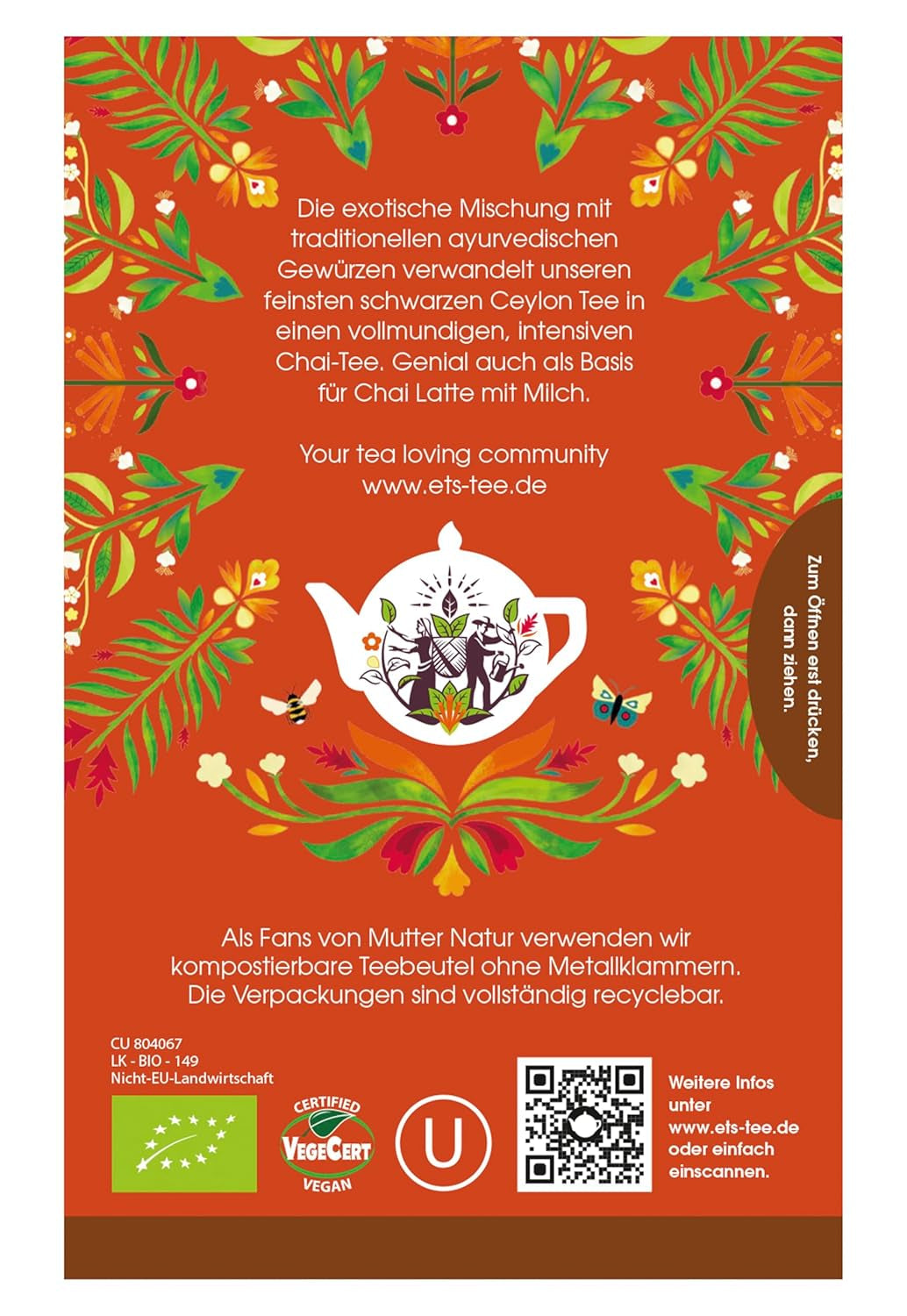 ETS - Té Negro Chai, Naturland BIO, 20 Bolsitas de Té (Pack de 2)